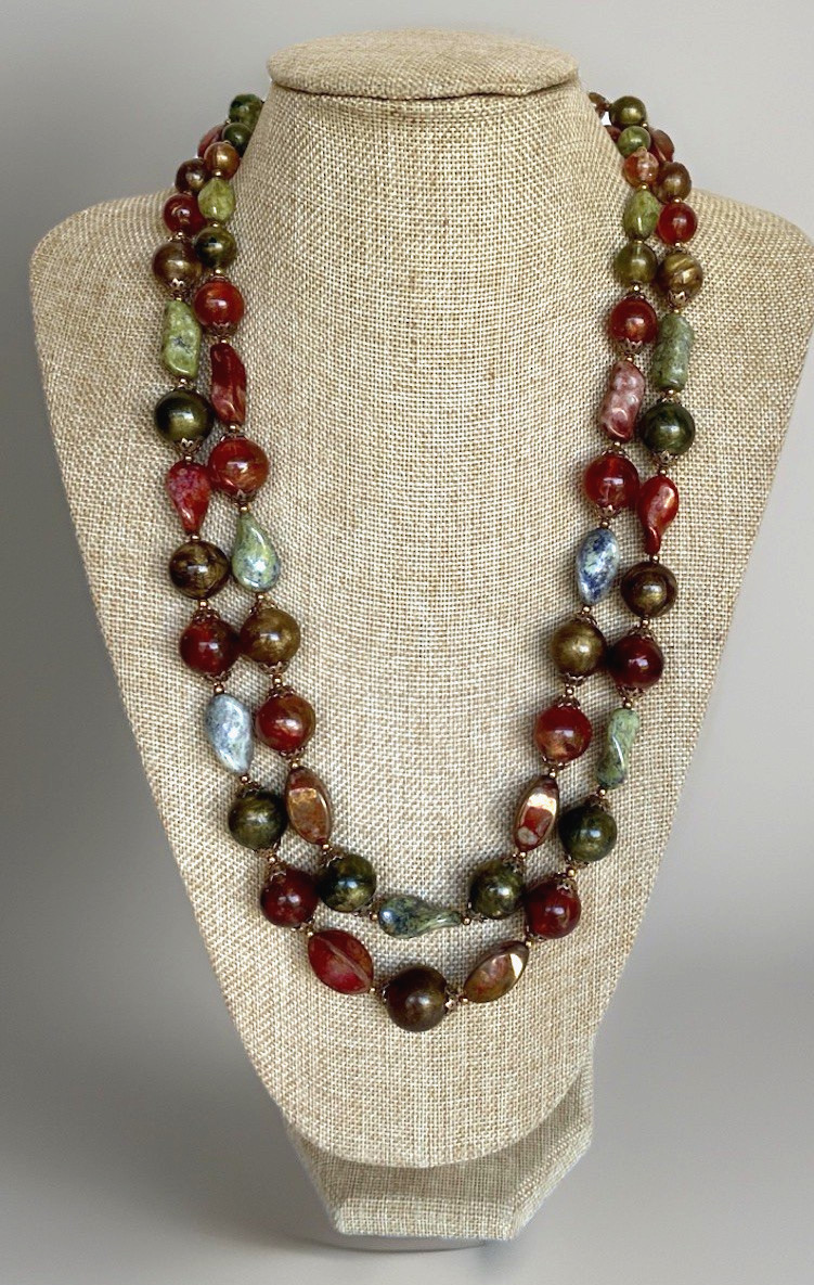 Vintage Crown Trifari Double Strand Necklace, Fall Colors, 24″ Long