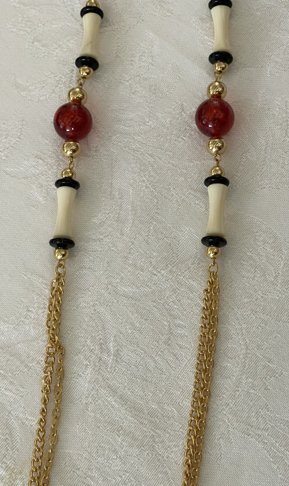 Vintage 24” Gold Tone Black, Cream & Amber Colored Beads Necklace