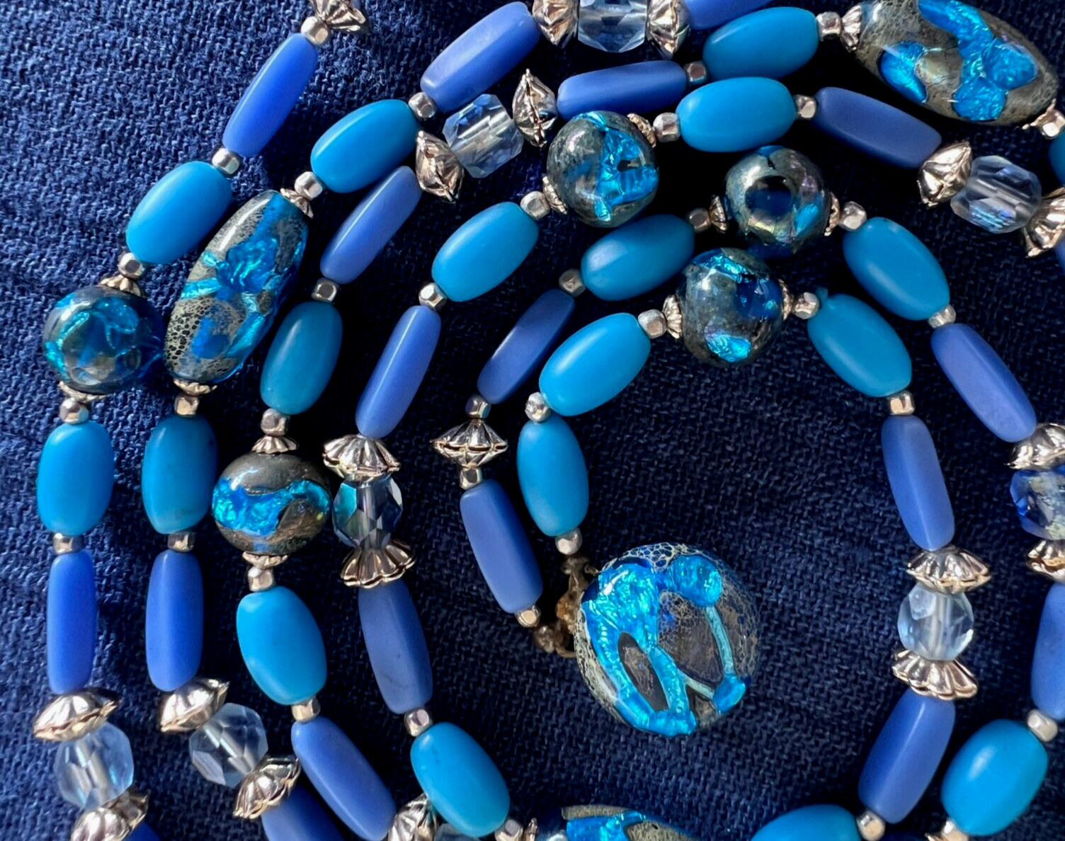 Murano Glass Beaded 2 Strand Necklace 22 Inches Long Blue