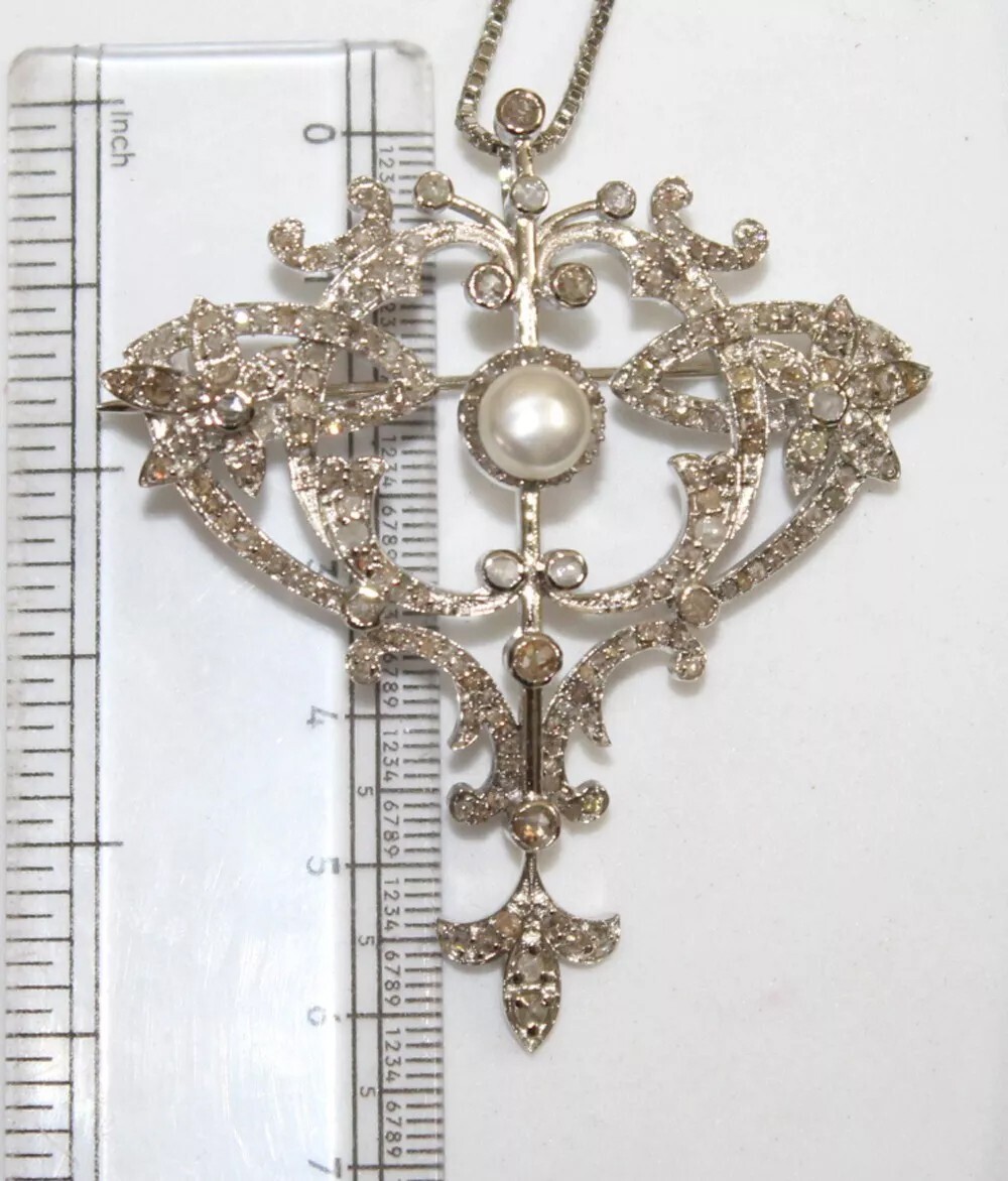 4.16ct Rose Cut Diamond Victorian Look Pearl 925 Silver Brooch And Necklace