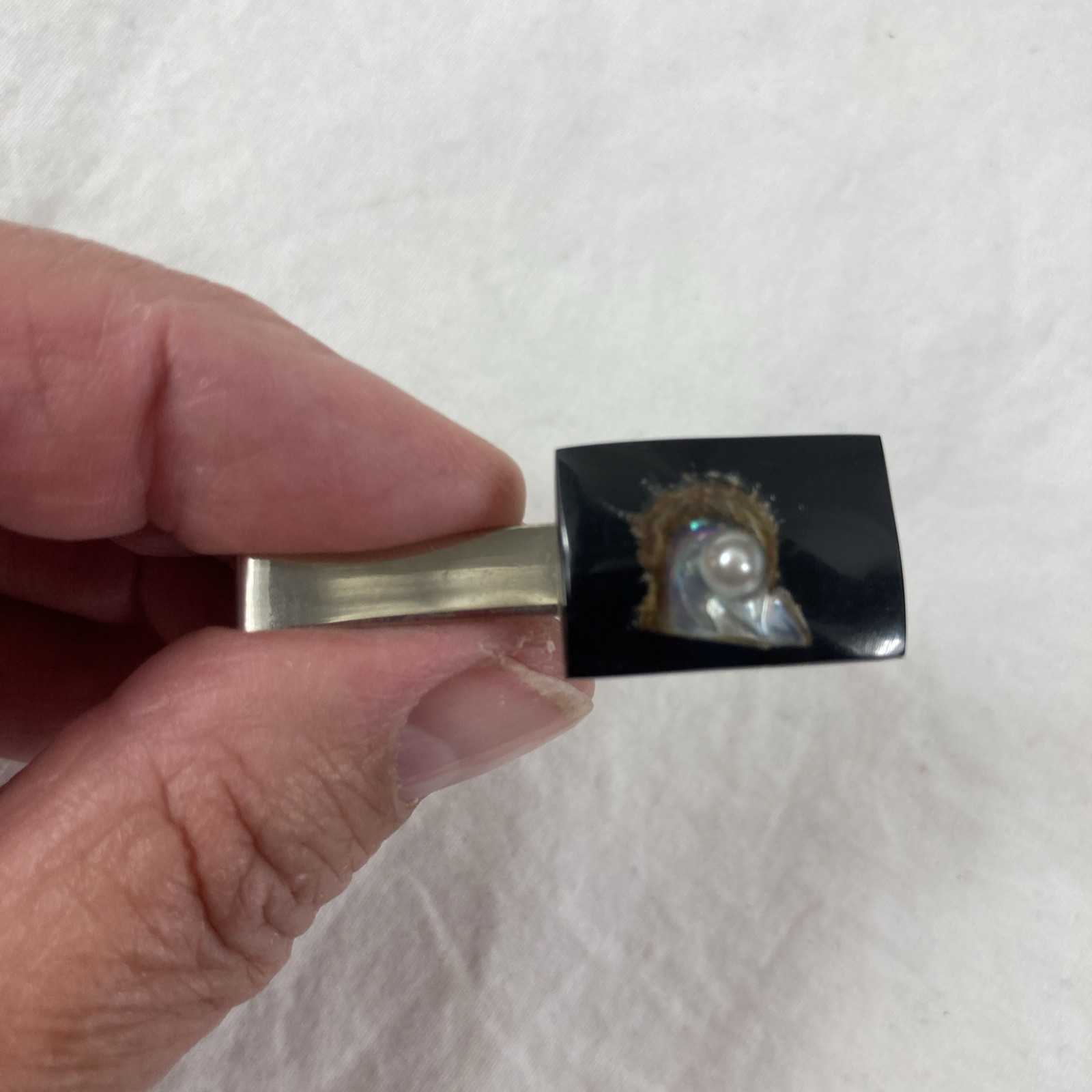 VTG Tie Clip Cuff Links Set Oyster Shell Pearl Inlay Black Resin Rectangle Japan
