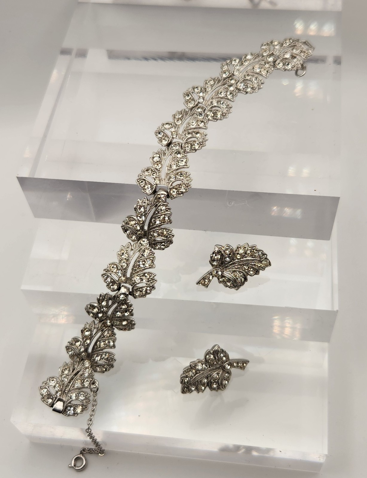 Vintage ORA Rhinestone Bracelet Clip Earrings Set Signed Silver Tone Bridal Glam