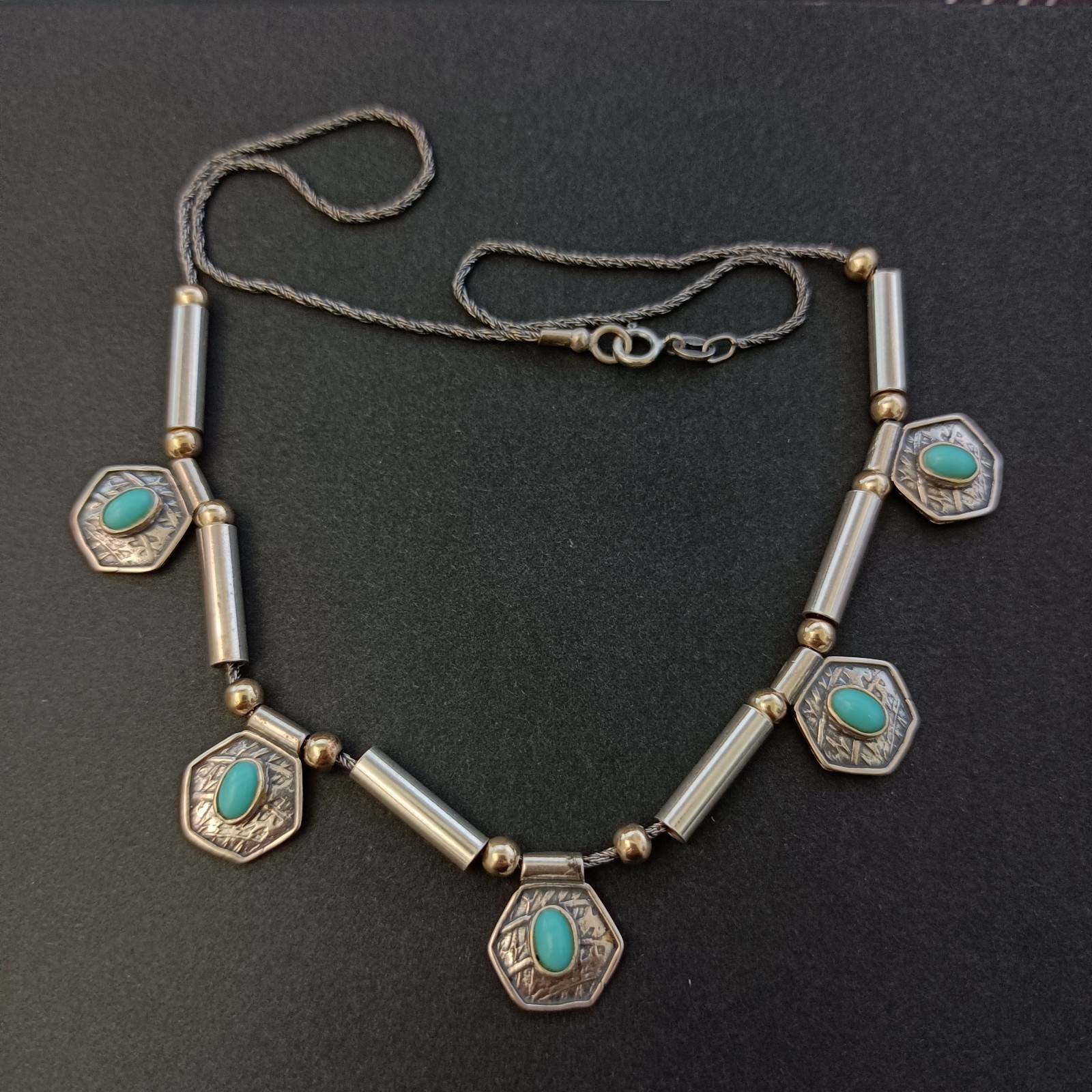 Vintage Artisan Necklace Sterling Silver 10k Gold Bead Geometric Drops Turquoise