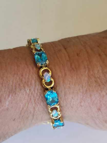 Sterling Silver Vermeil Aqua Blue Gemstone & Opal Bracelet Ring Necklace Parure