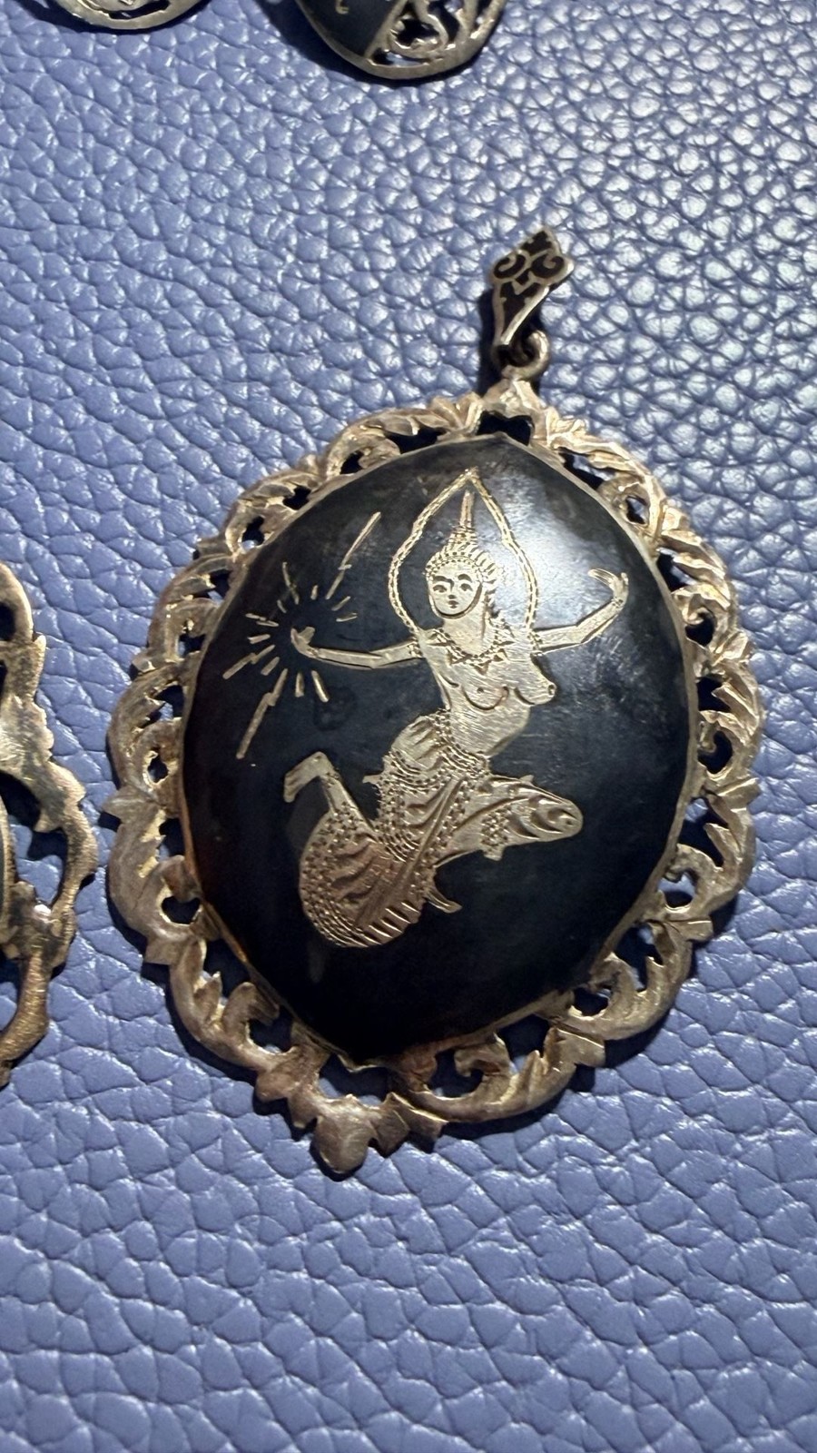 Vintage Siam Sterling Silver Niello Jewelry Set w/ Goddess Mekhala Pendants & Ea