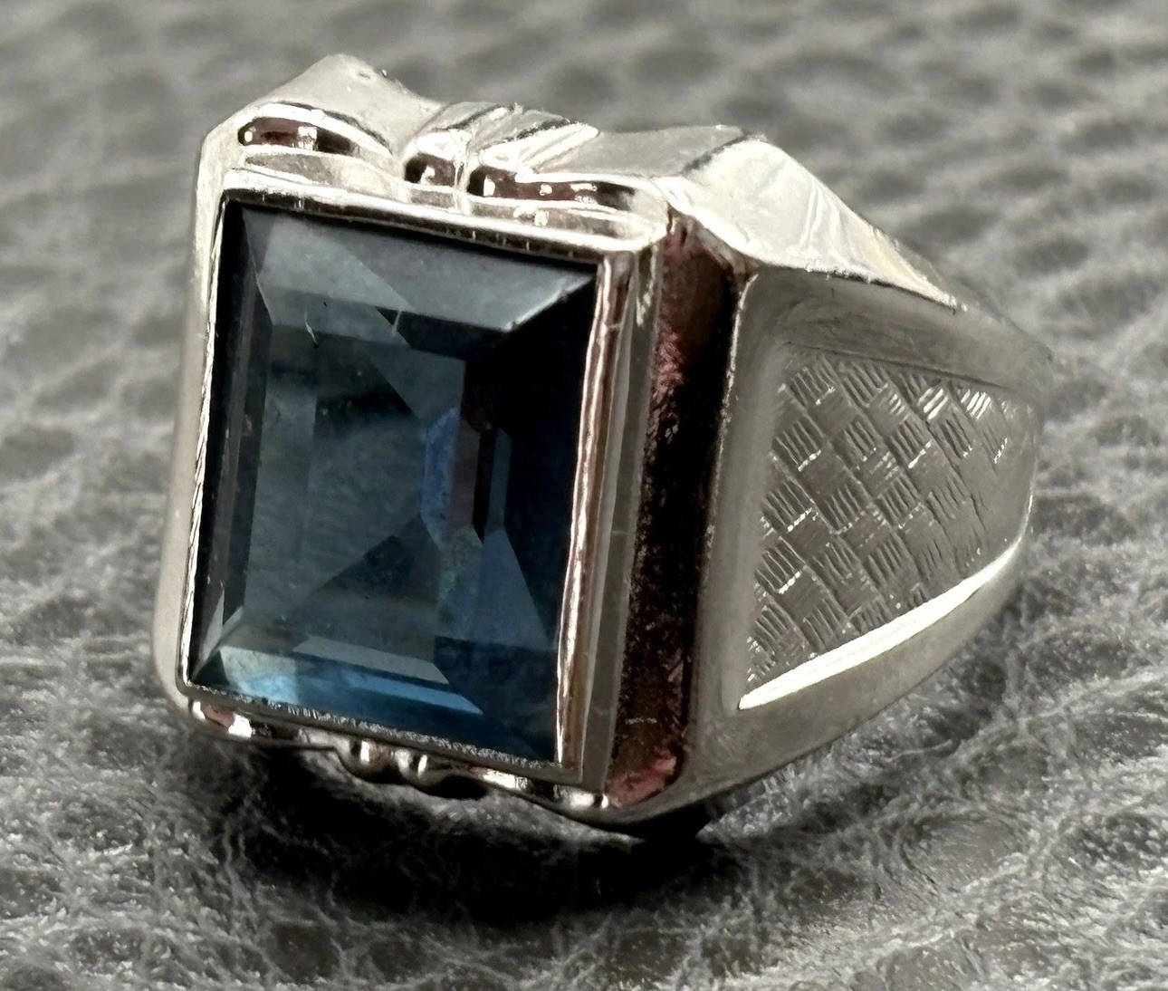 Huge Vargas VTG 18K HGE White Gold Plated Faux Blue Topaz Signet Ring Sz 8