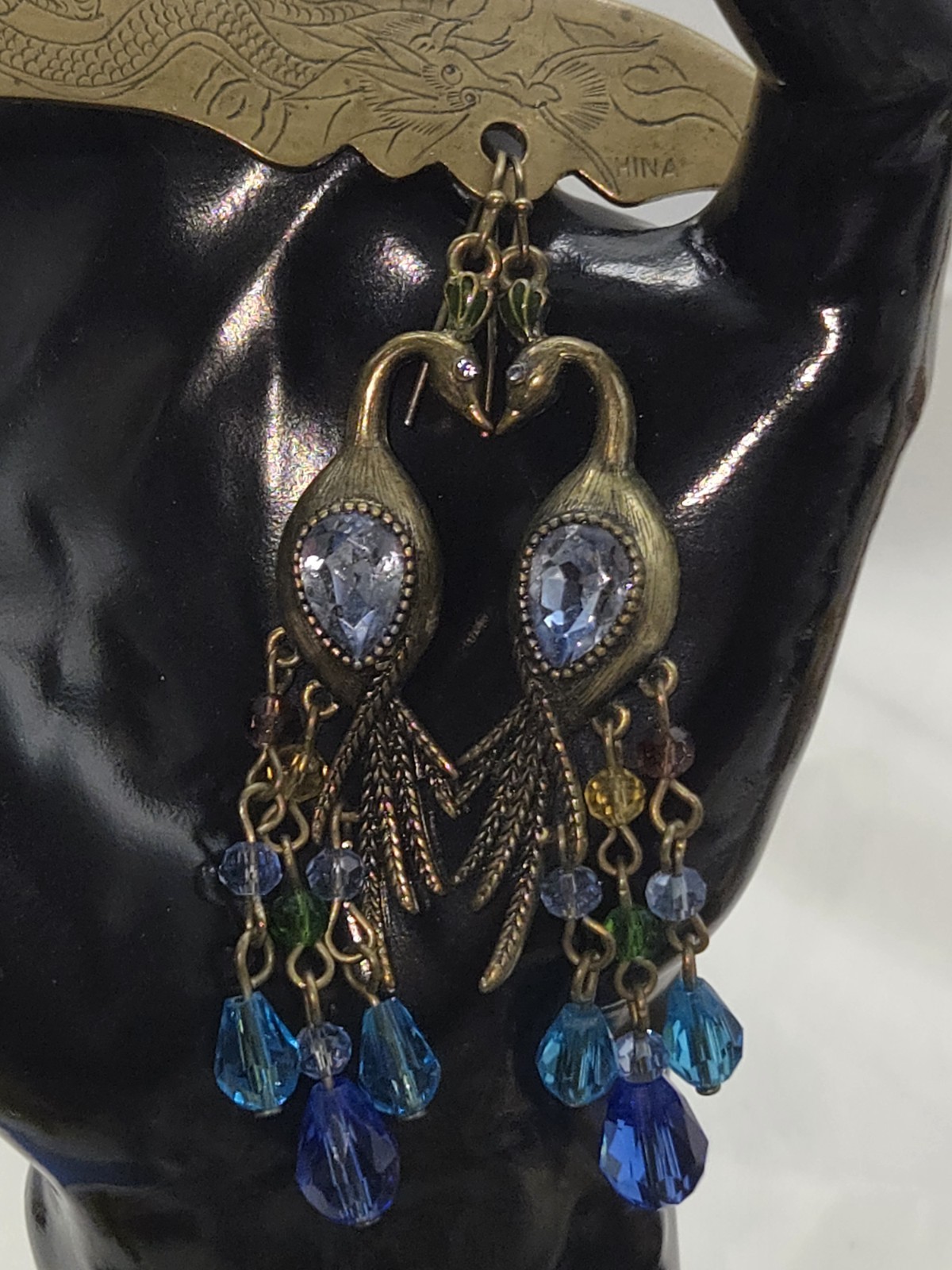 Vintage Peacock Dangle Drop Post Earrings Multicolor Crystal Faceted Beads