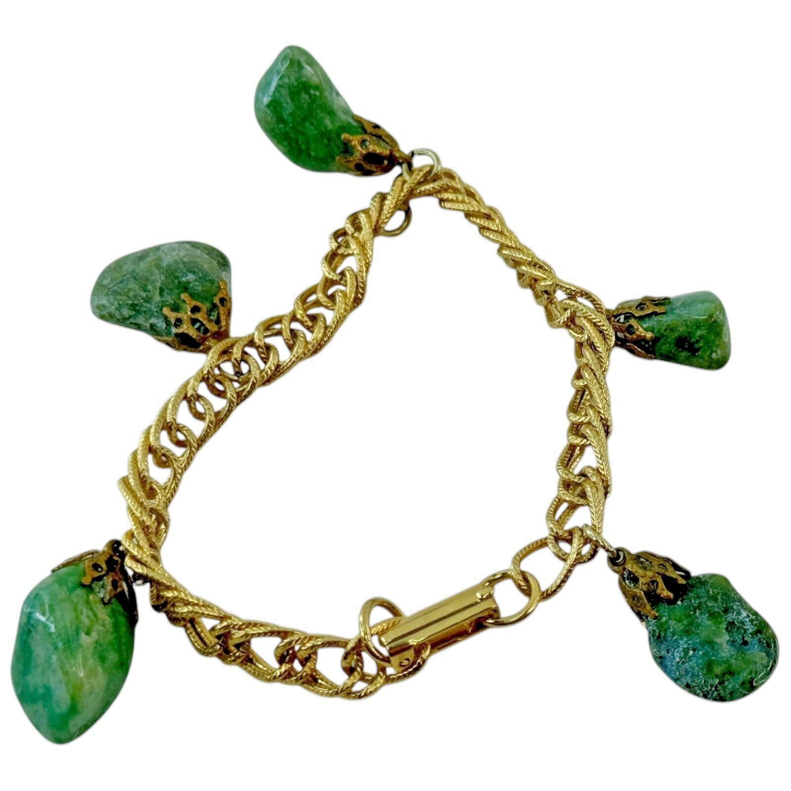 Vintage Epidote Polished Jadeite Stone Womens Chain Bracelet Green Gold Tone