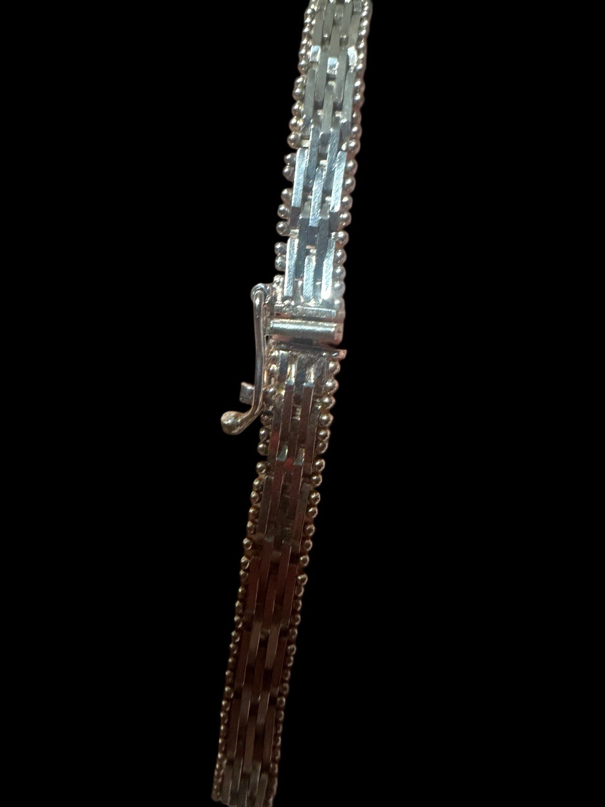 .925 Italian Sterling Tapered Panel Link Bracelet With Beaded Edge 8” VTG BIB
