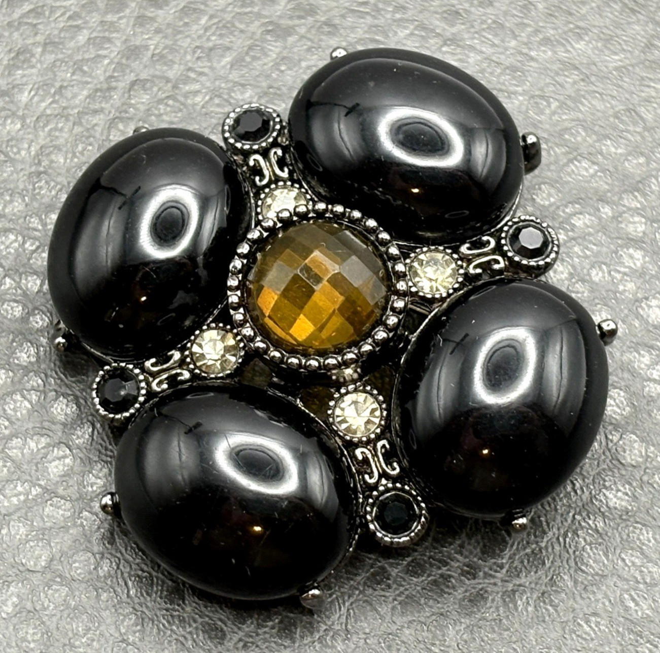 Vintage Black Faux Onyx & Faux Topaz Rhinestone Crystal Brooch Pin Pendant