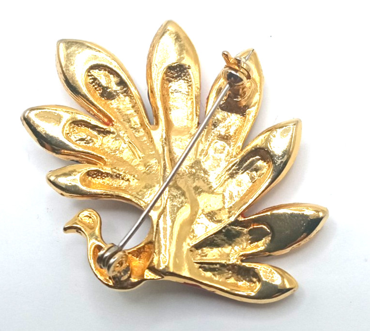 Vtg Gold Tone Blue Red Green Purple Enamel and Rhinestone Lovely Peacock Brooch
