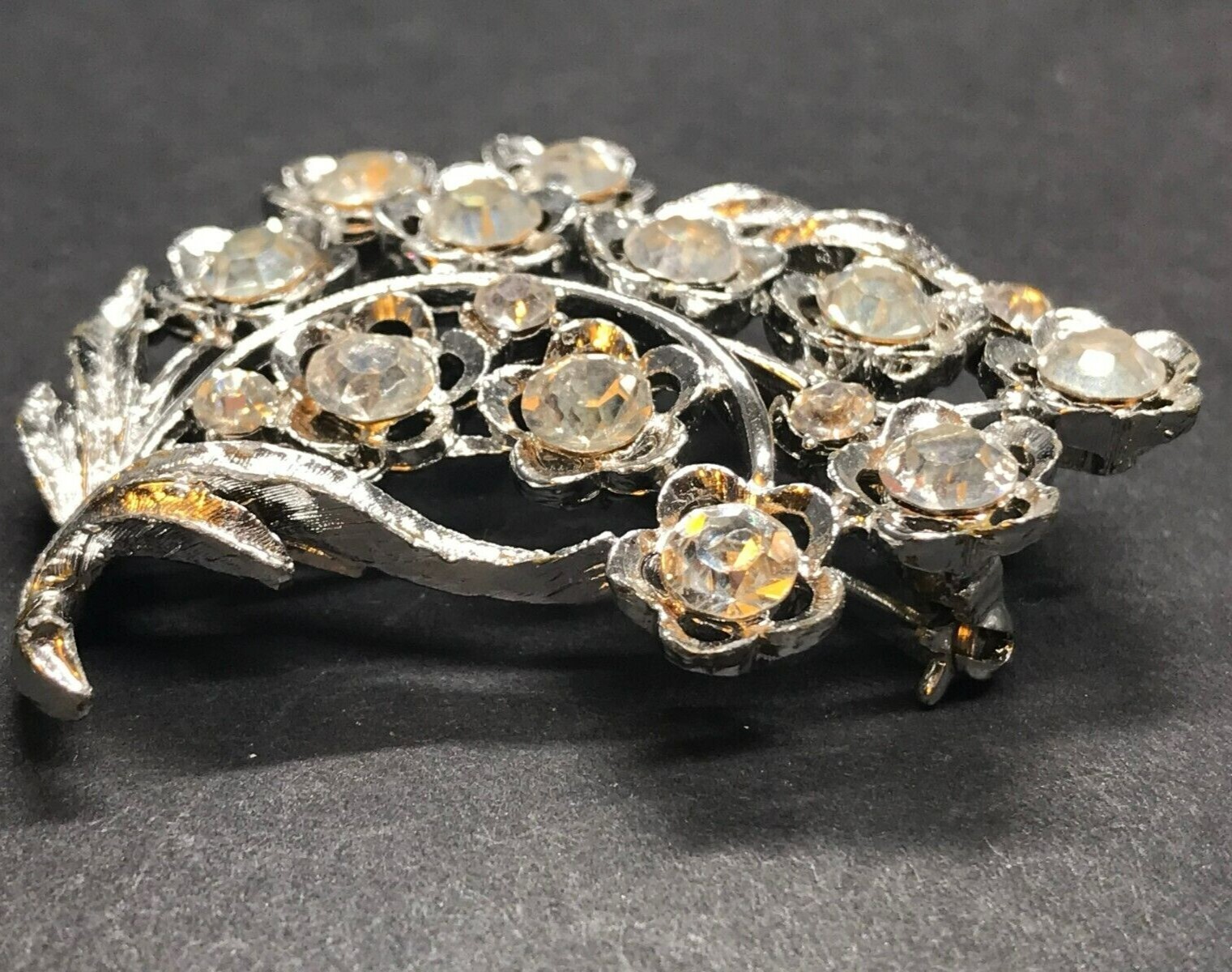 Mamselle Signed Silver Rhinestone Floral Bouquet Brooch Pin Spray Vintage Nice 