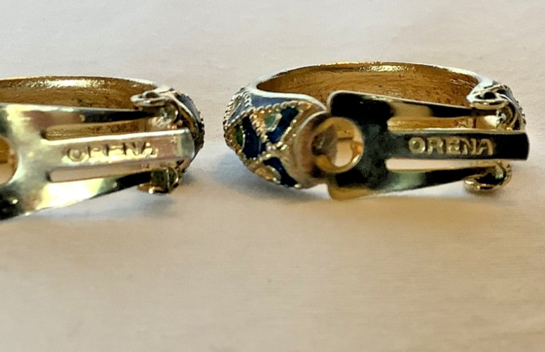 Vintage Orena Paris Peacock Enamel Clip-On Earrings, Signed