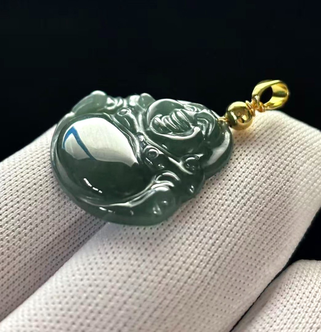 Hi-grade Natural Green Jade Jadeite Pendant ‘Buddha Happy’, 25x24mm, w/Necklace