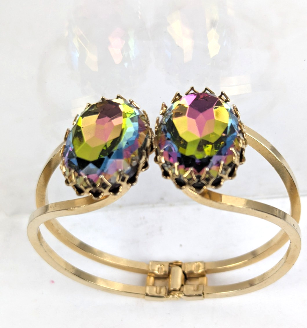 Estate Vintage Large Watermelon Heliotrope Crystals Clamper Bracelet Unsigned