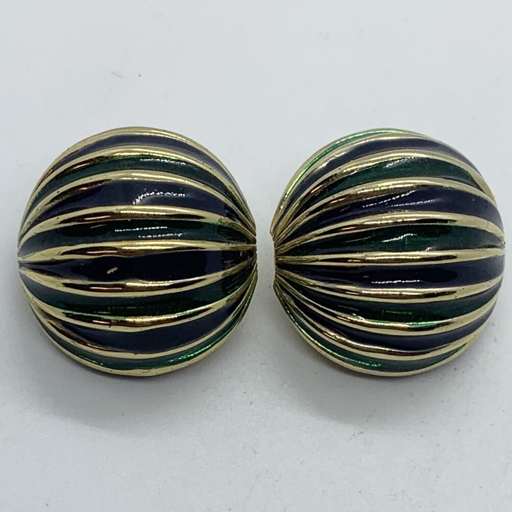 VTG EARRINGS MELON ENAMEL GAY BOYER LARGE DOME GREEN BLACK SHINY MINTY CLIP