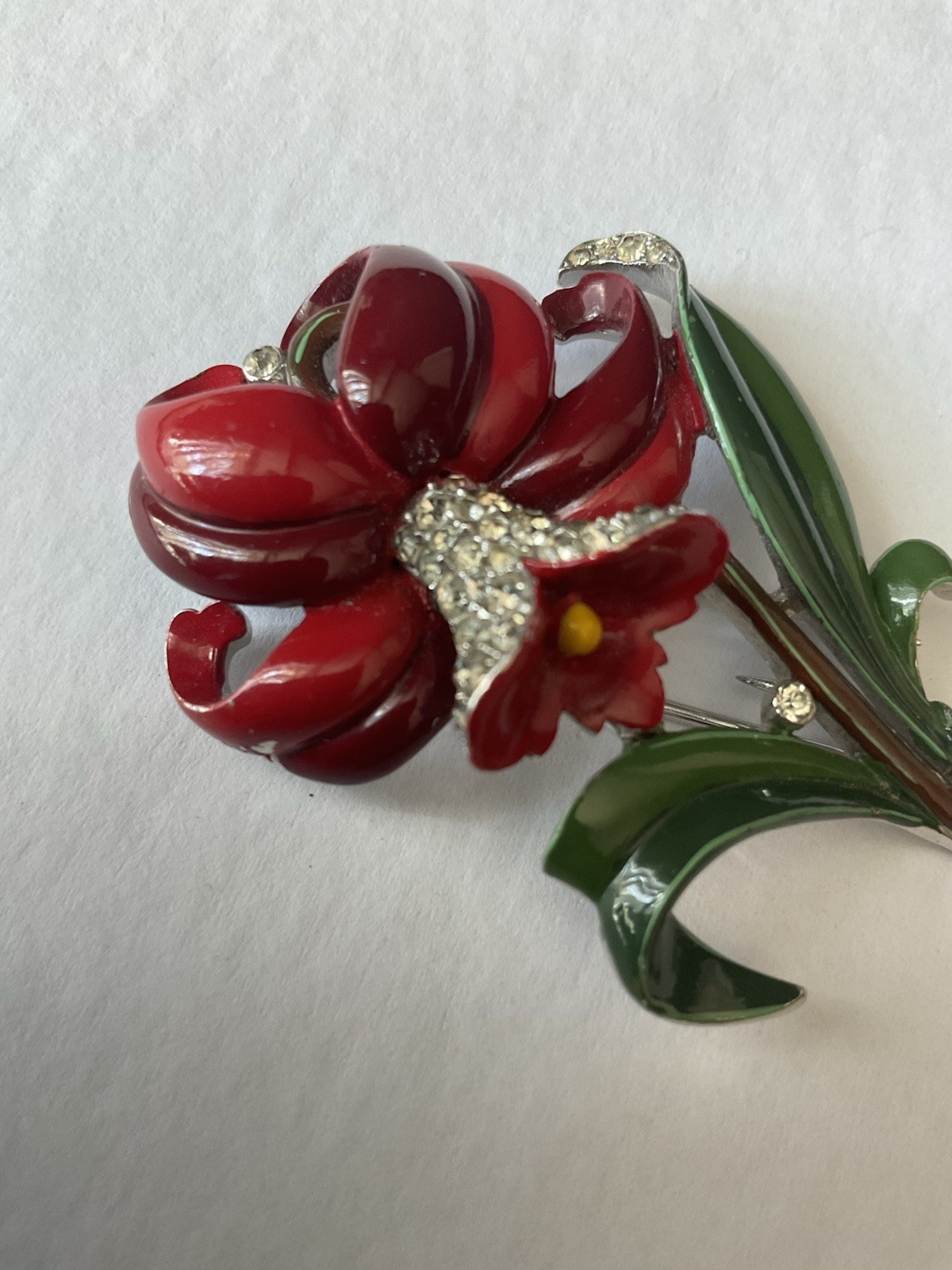Trifari ‘Alfred Philippe’ Pave and Enamel Red Daffodil Flower Pin Fur Clip