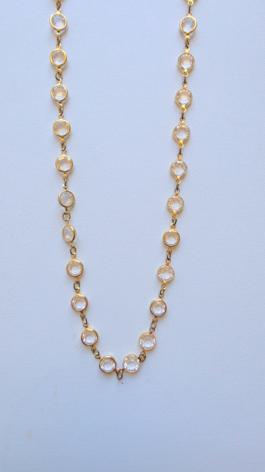 Vintage Clear Austrian Crystal USA Necklace 34″ Gold Tone Open Bezel
