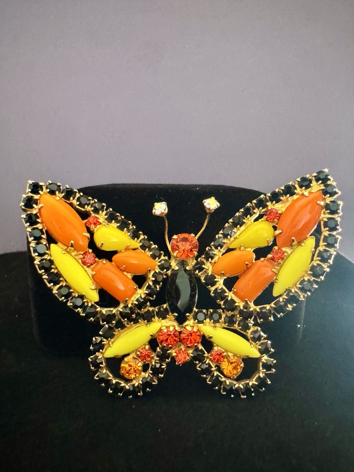 Vintage Juliana D&E Butterfly Brooch Black Rhinestone Orange Chartreuse Cabochon