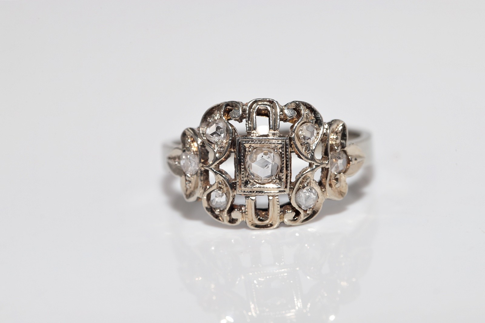 Antique Circa 1920s 18k Gold Art Deco Natural Diamond Decorated Ring