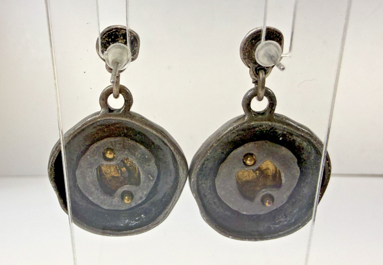 Vintage Hammered Silver & Gold Tone Purple Stone Heavy Dangle Earrings