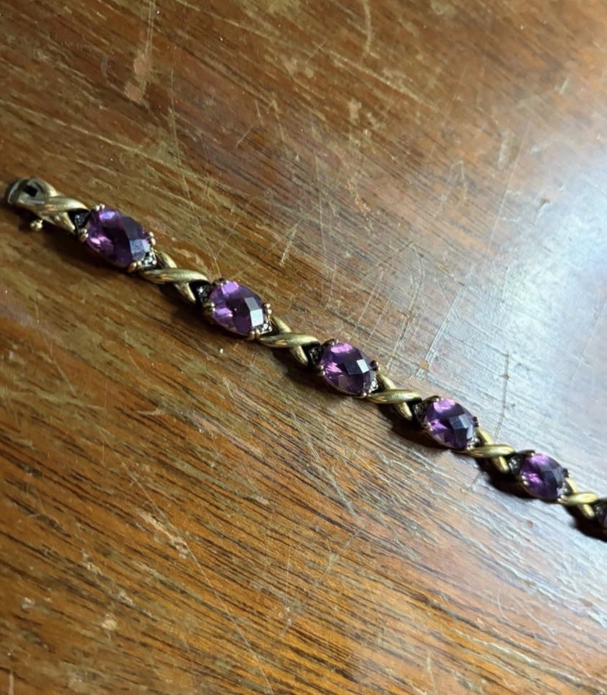 925 Sterling Silver Gold Plated Purple Gemstone Tennis Bracelet Vintage Style