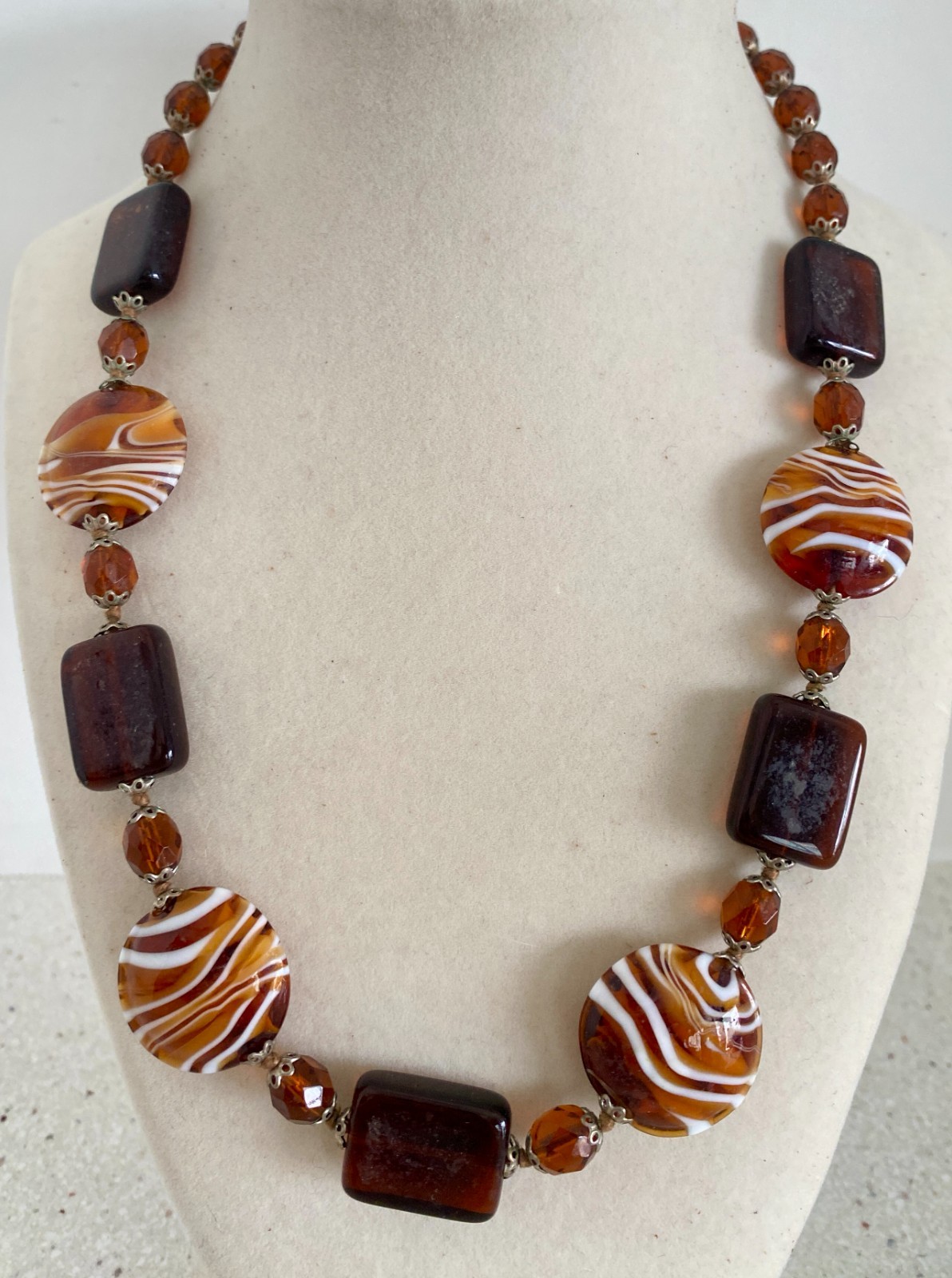 Vintage Murano Style Glass Necklace Glass Beaded Statement Brown Signed RS 19″
