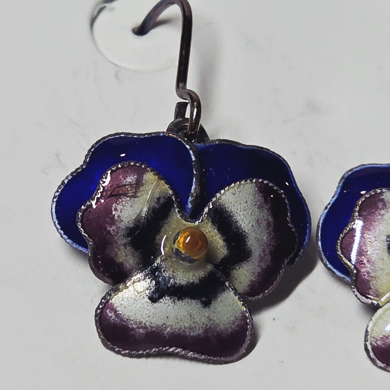 NEW Vintage Thousand Flowers Enamel Pansy Flower Sterling Silver Wire Earrings