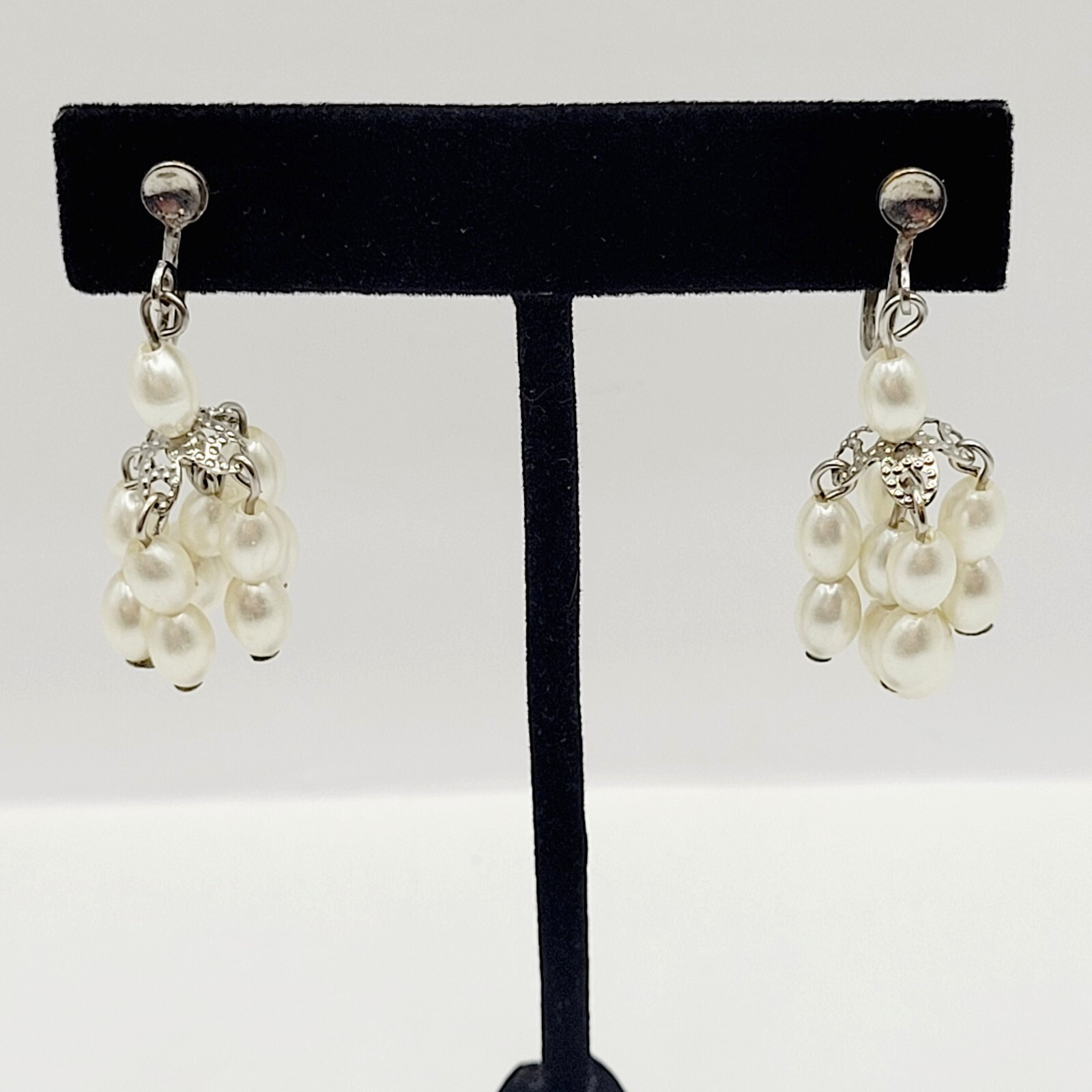 Faux Pearl Drop Dangle Cluster Silver Tone Clip On Fancy Vtg Costume Earrings