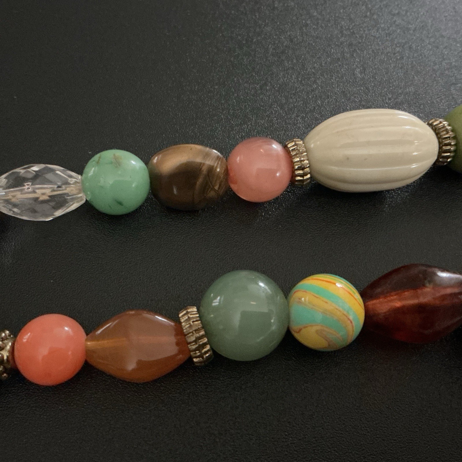 Vtg Necklace 28” Mixed Media Eclectic Beads Glass,Lucite,marble 80s Bohemian