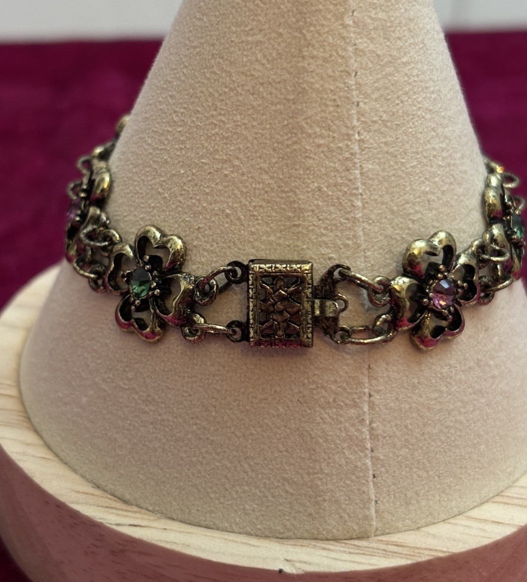 Bronze Tone Floral Shaped Link Rhinestones Bracelet 7.5