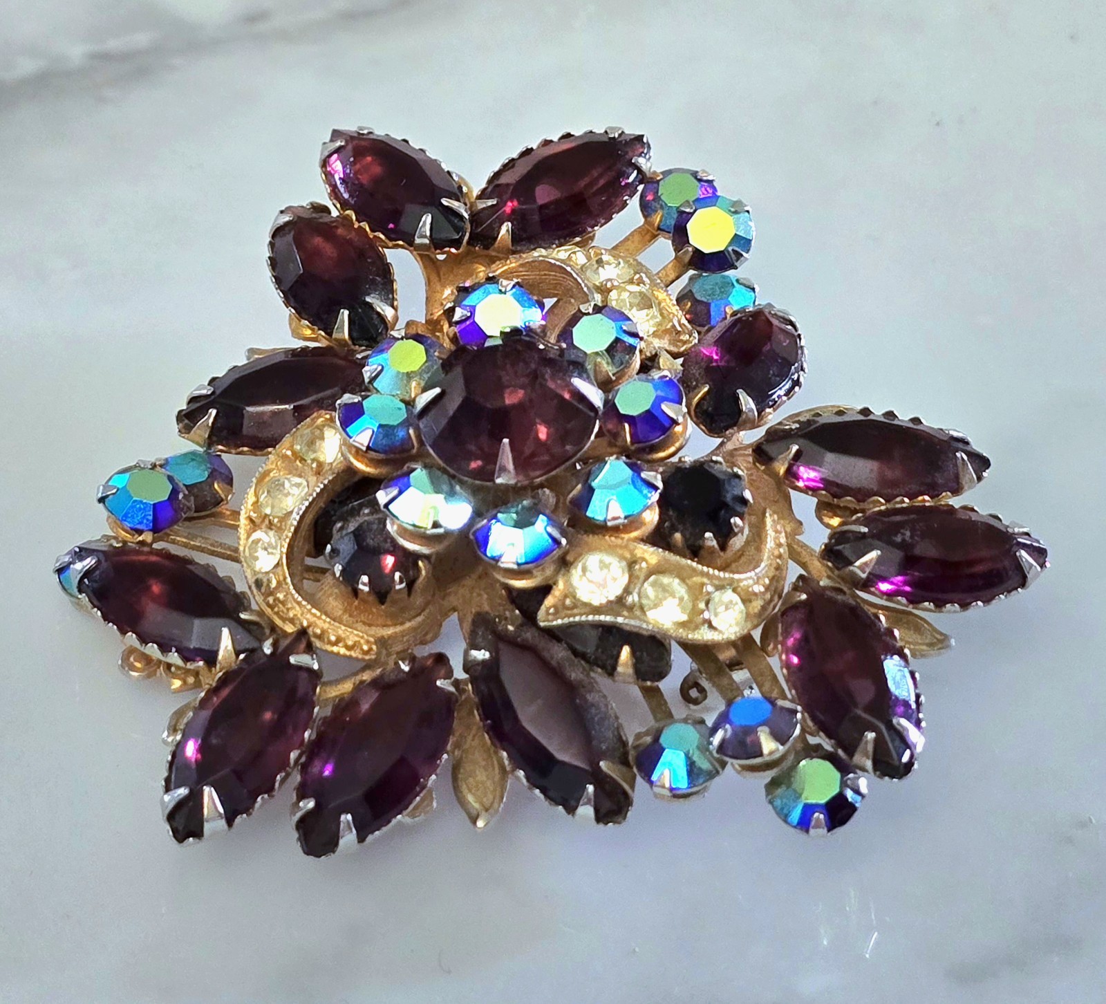Vintage Purple And AB Blue Rhinestone Brooch