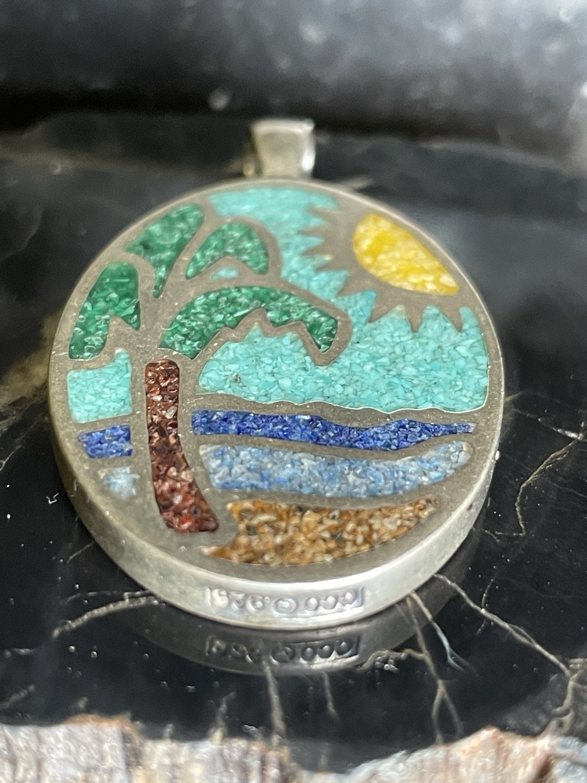 Sterling Silver Coleman CCO Palm Tree Chip Inlay Tropical Pendant 42mm x 25mm