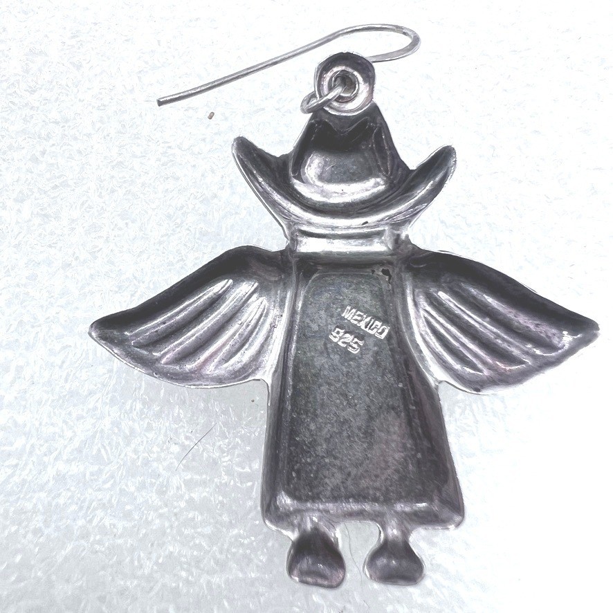 Vtg Sterling Silver Mexico Cowboy Angel Dangle Earrings Two Tone Wings Hat