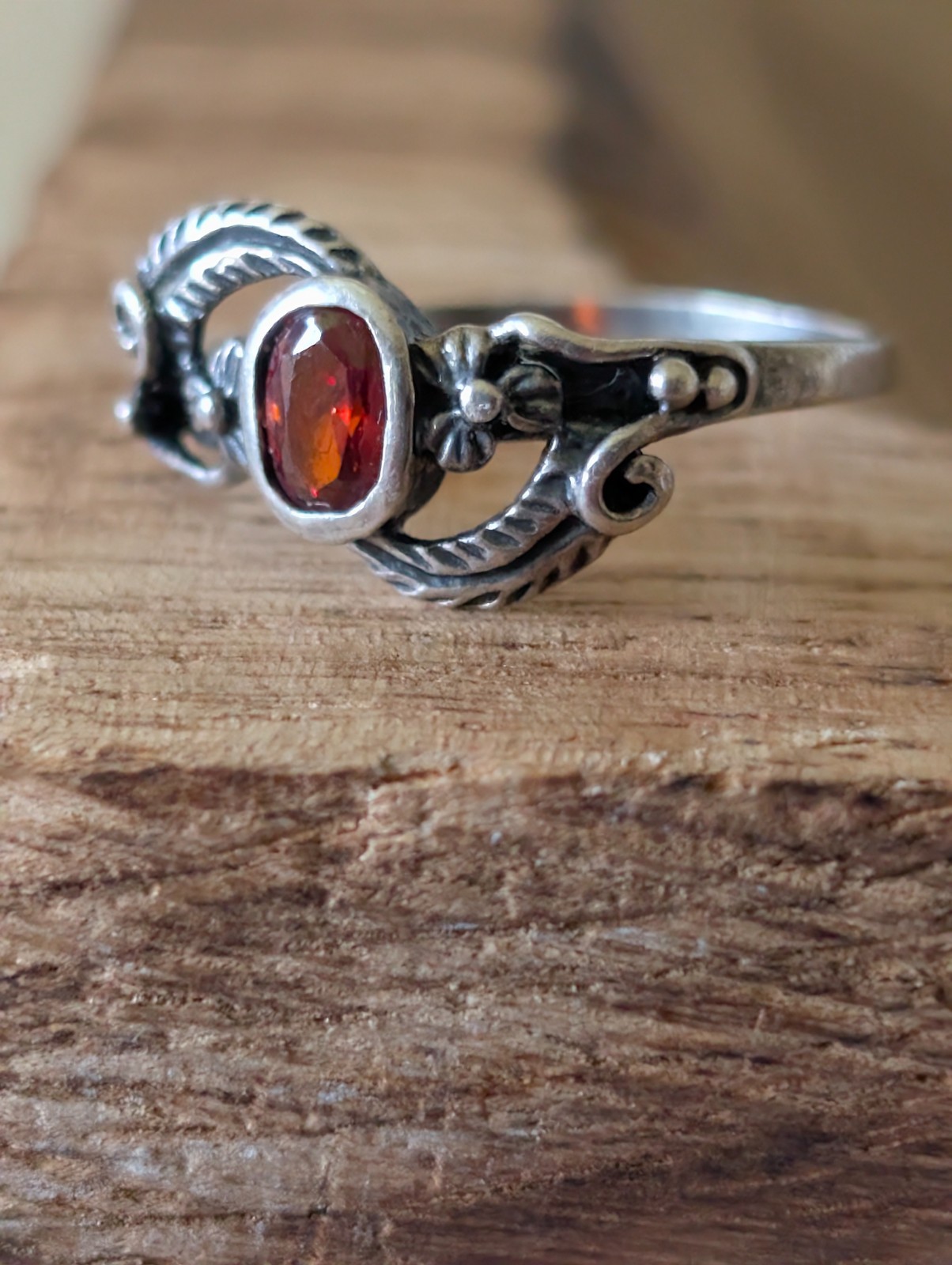 Vintage Sterling Silver Filigree Floral Garnet Pinky Ring Toe Ring Size 3.75