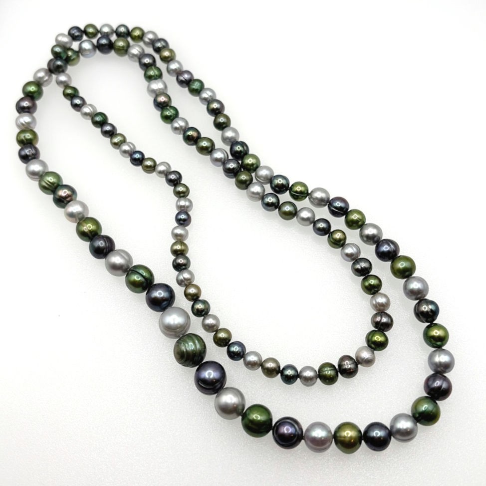 Vintage Tricolor Freshwater Pearl Green Purple White Long Necklace 34”