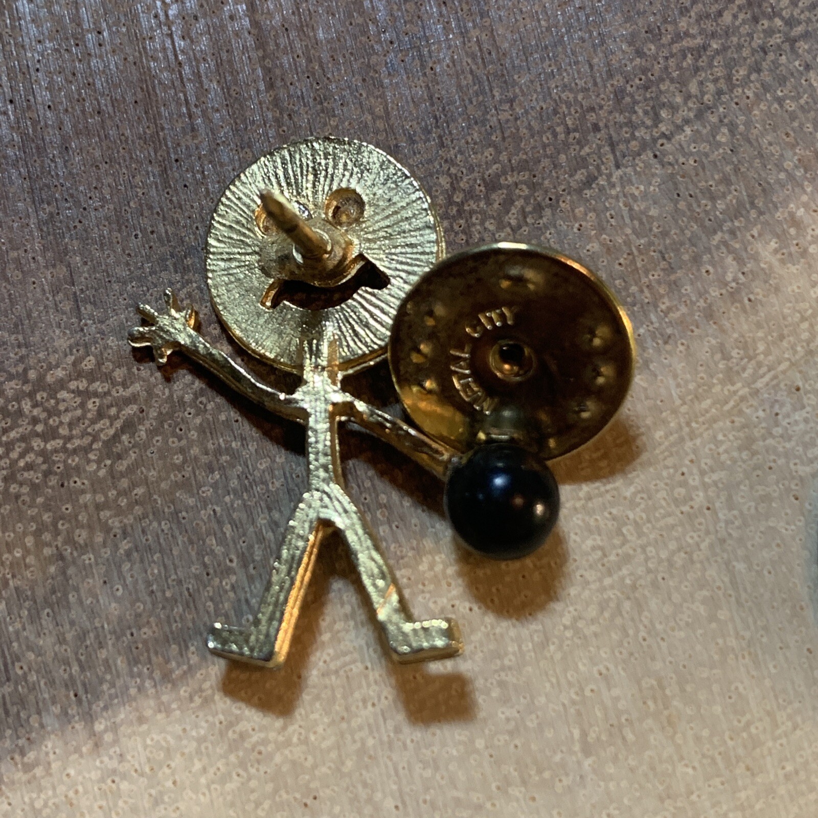 Vintage Metal City Bowling Tac Pin Stick Person Rhinestone Eyes Bowling Tac Pin