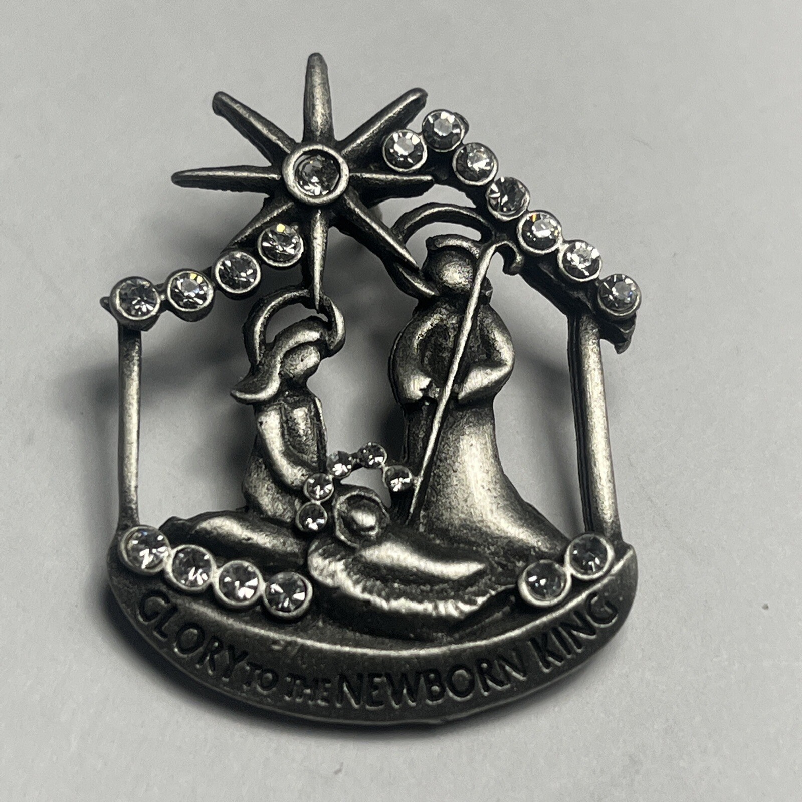 Nativity Scene Lapel Pin Pewter Clear Rhinestone Silver Tone Camco Christmas