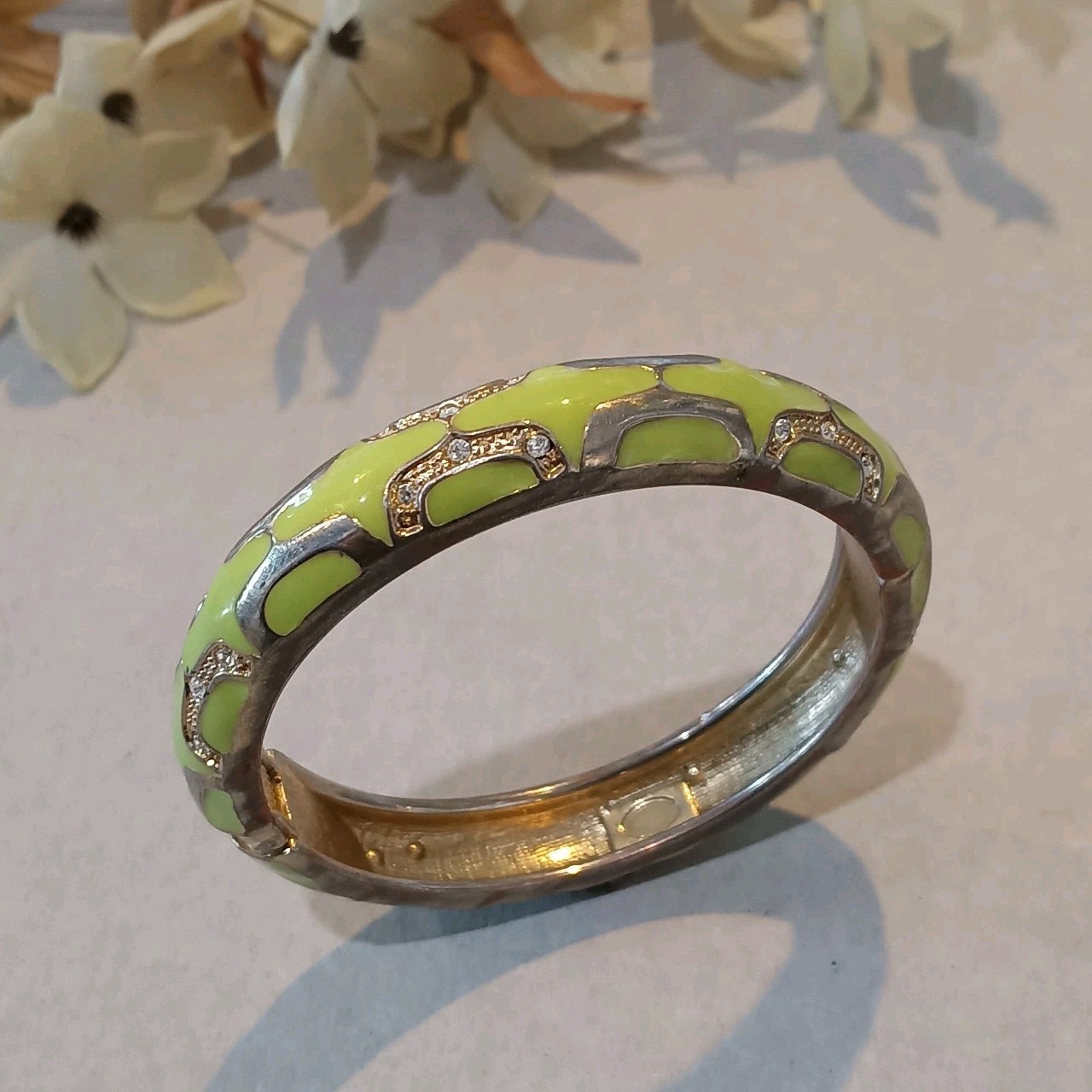Vintage Lime Green Enamel & Rhinestone Accent Hinged Bangle Bracelet
