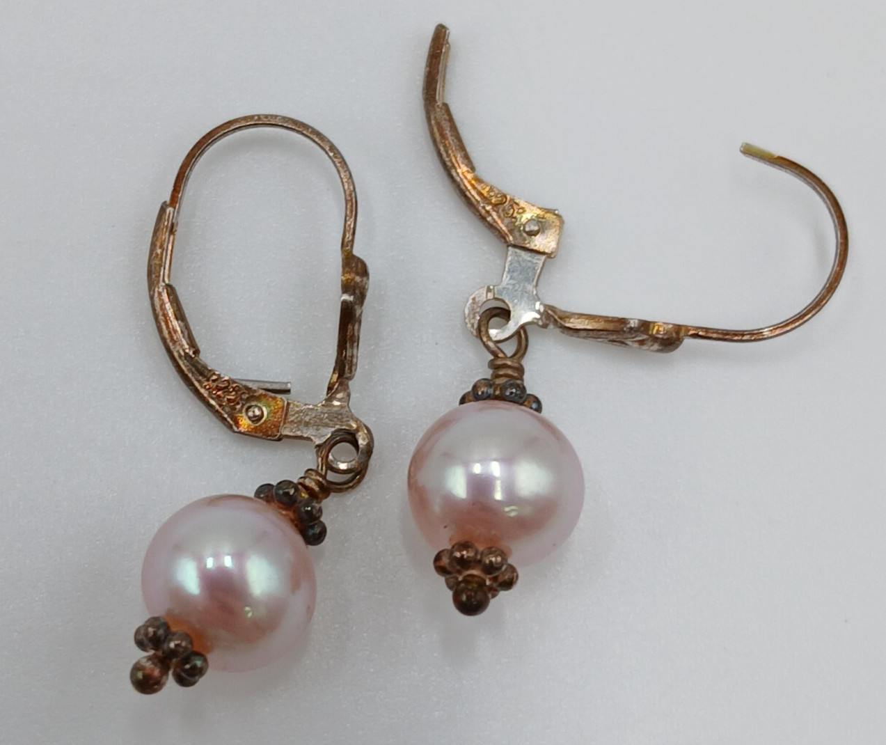 VTG 925 Pink Pearl Dangle Earrings 1.25in Drop Sterling Silver 2.3g Blush Estate