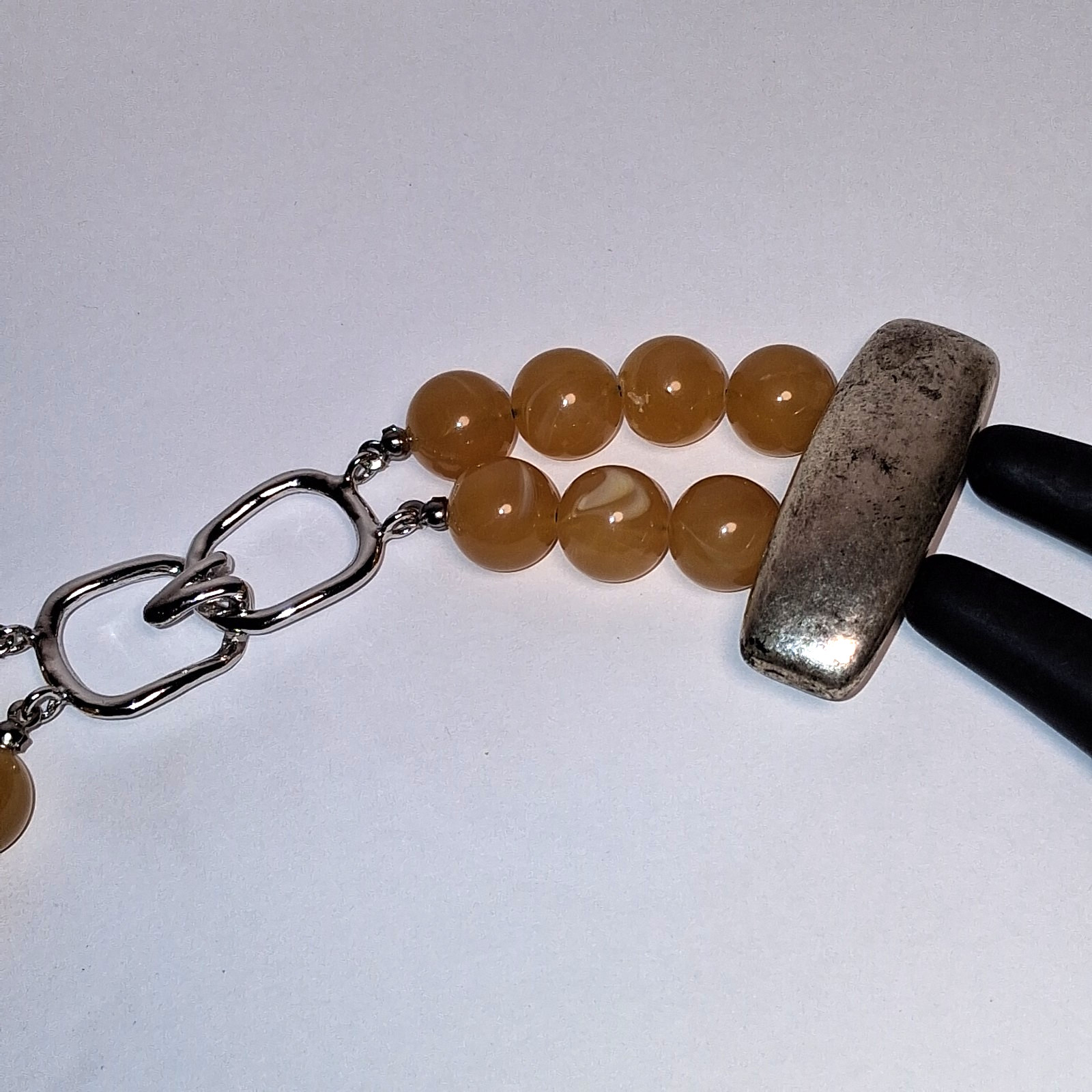 Vintage Les Bernard Double Strand Faux Horn Runway Necklace Black & Amber Resin