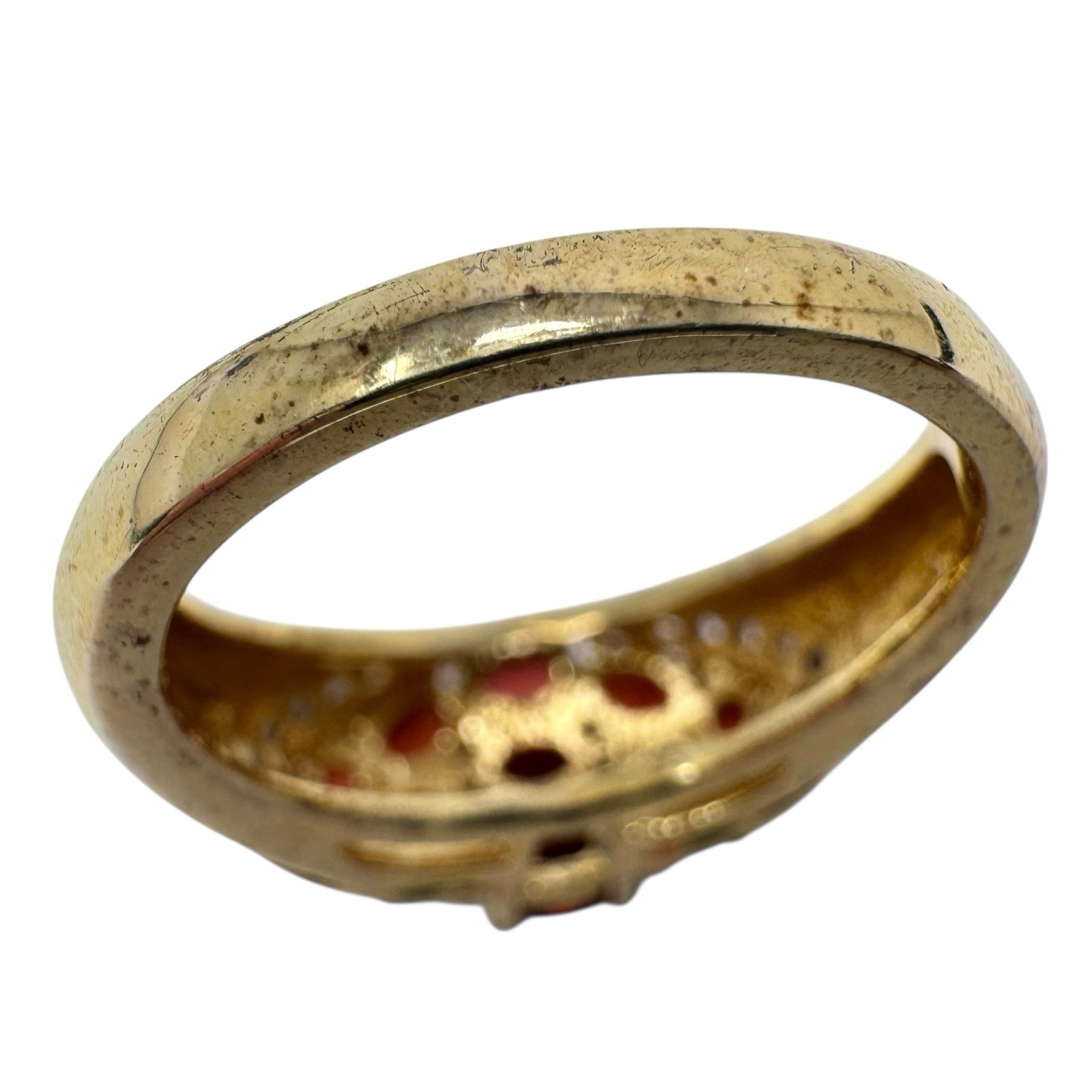 Vintage Gold Tone Red Garnet Cluster Ring Clear Rhinestone Accents 7.5