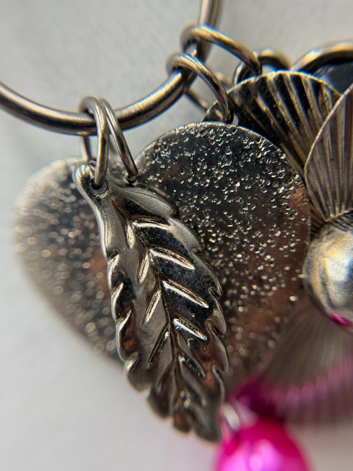 Vintage Gunmetal Tone Floral Flower Pink Bead Tassel Charms Drop Pendant