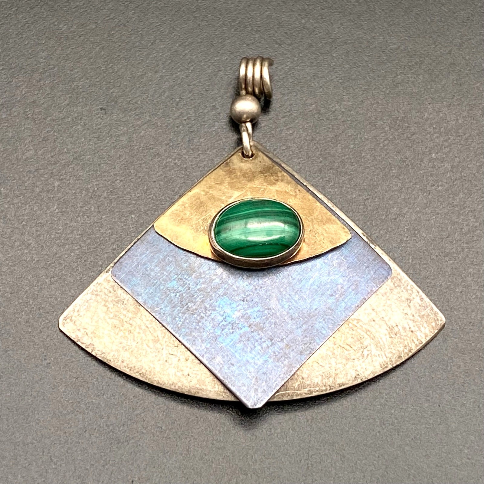 Vintage Modernist Malachite Sterling Silver Mixed Metal Dangle Pendant