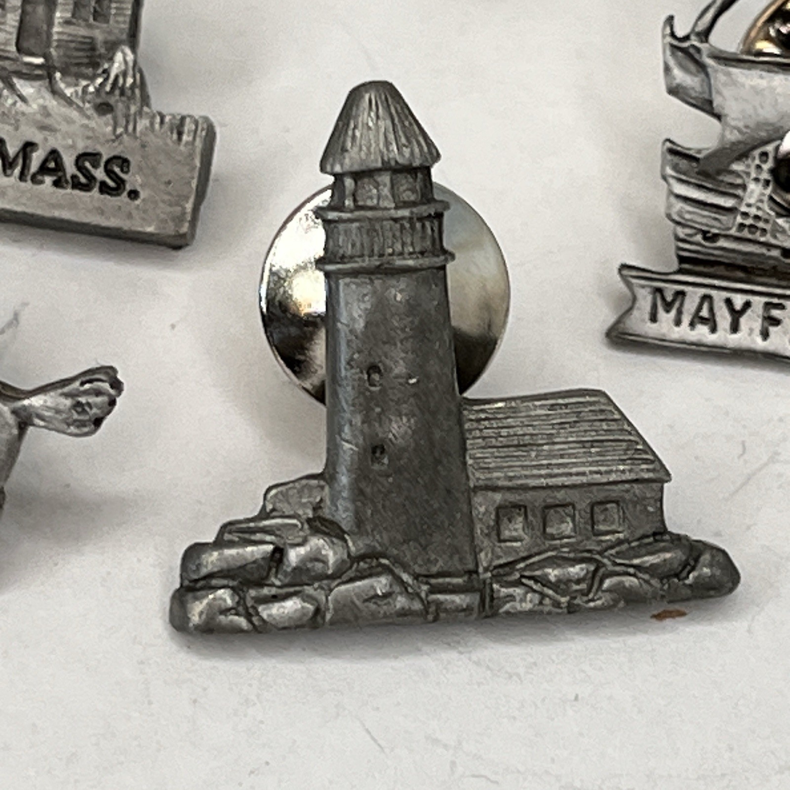 Vintage Mixed Lot 6 Pewter pins Shame Lighthouse Paul Revere Mayflower more SLX