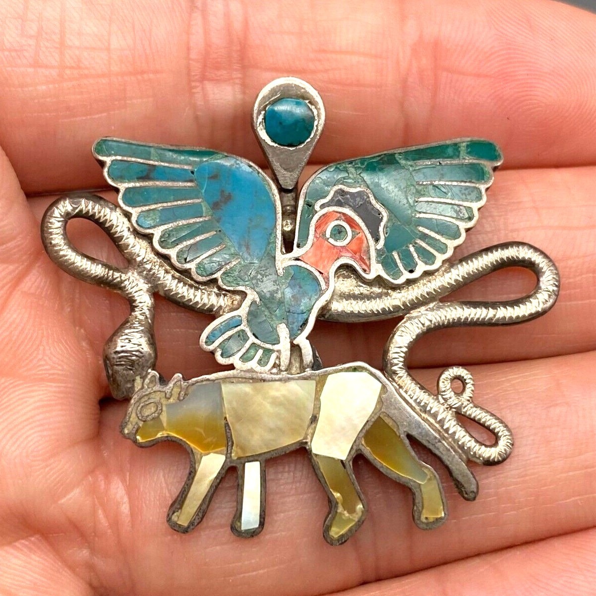 Vintage Eagle Snake Jaguar Turquoise MOP Inlay 950 Sterling Silver Pendant