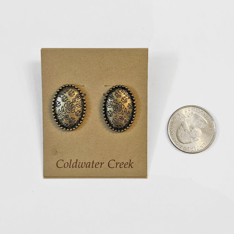 Coldwater Creek Oval Stud Earrings | NWT $25.50 | Embossed Floral Antique Brass
