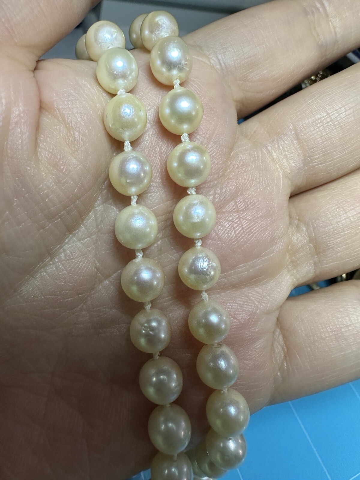 VTG Genuine Cultured 7mm Pearl Necklace W Signed 14K Gold Clasp 17.5” 27.39g