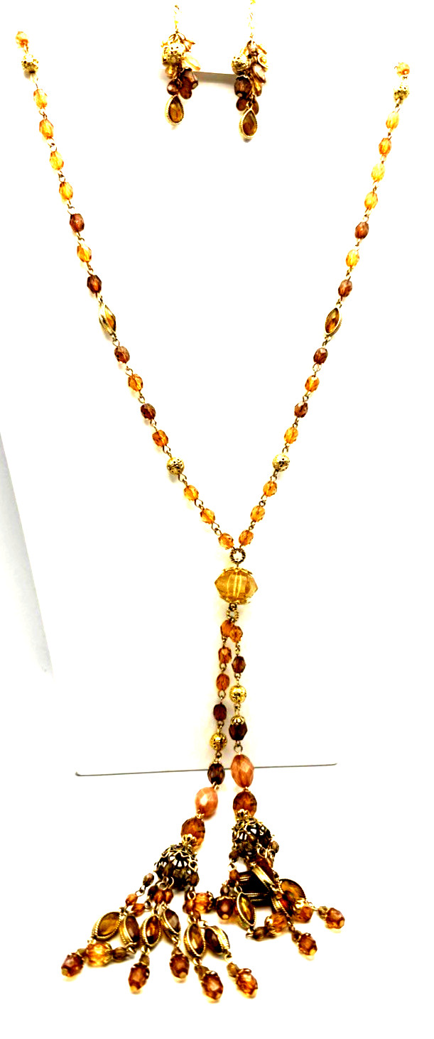 Vintage Robert Rose Gold Tone Amber Honey Beaded Lariat Style Pendant Necklace