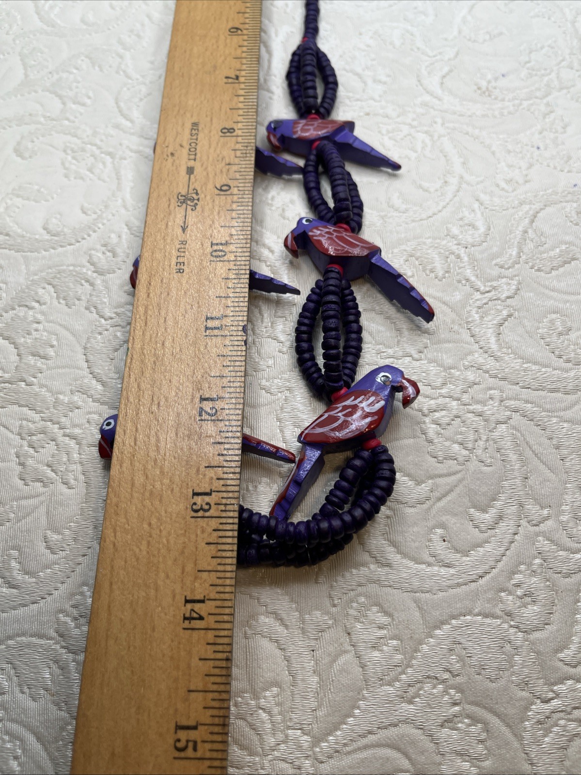 Tropical Tiki Parrot Necklace Wooden Carved Beads Colorful Birds Purple Earrings